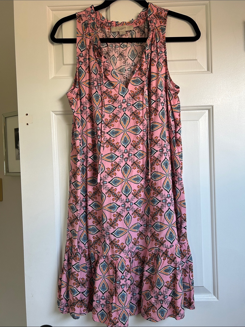 LOFT Pink Printed Sleeveless Ruffle-Neck Sundress
